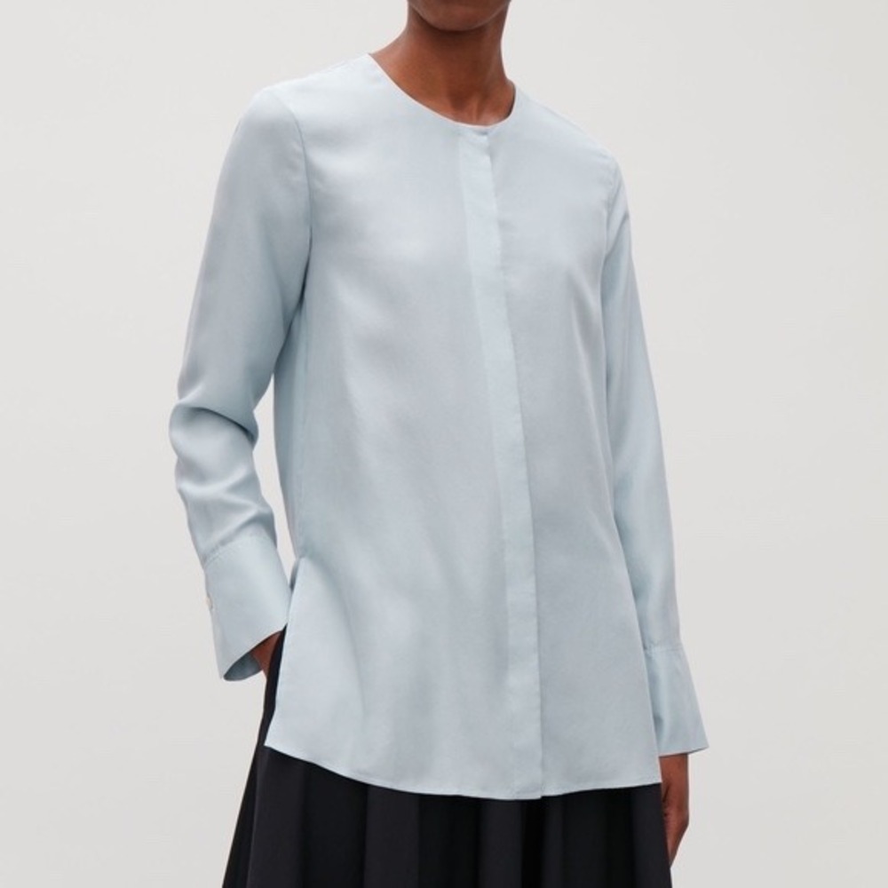 COS Light Blue Long Sleeve Silk Feel Hidden Button Blouse Minimalist Top 12 g5
